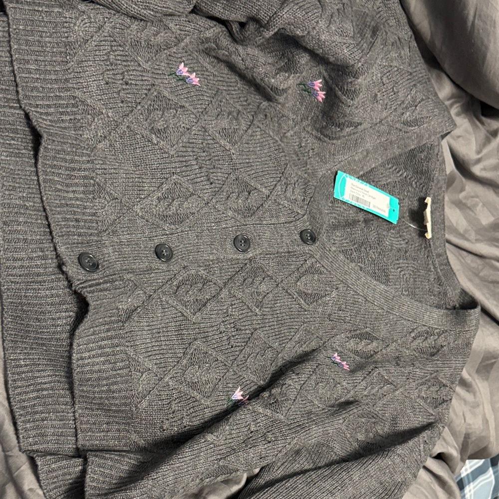Dark Grey Cardigan with Pink Embroidery